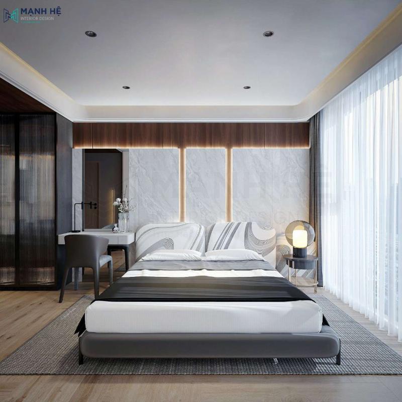 Thiết kế nội thất phòng ngủ nhỏ với tông màu sáng và gương lớn